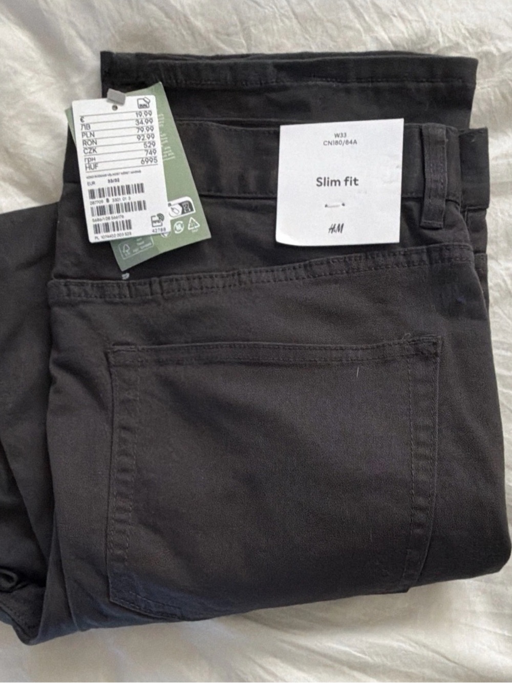 H&M Men’s Black Slim Fit Chino Pants Cotton Twill Flat Front Pockets W33